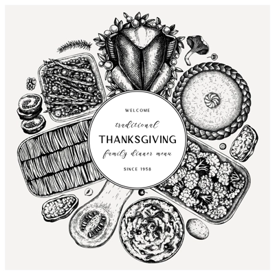 Thanksgiving day dinner menu round design. With roasted turkey, cooked vegetables, rolled meat, baking cakes and pies sketches. Vintage autumn food wreath. Vector Thanksgiving day background.